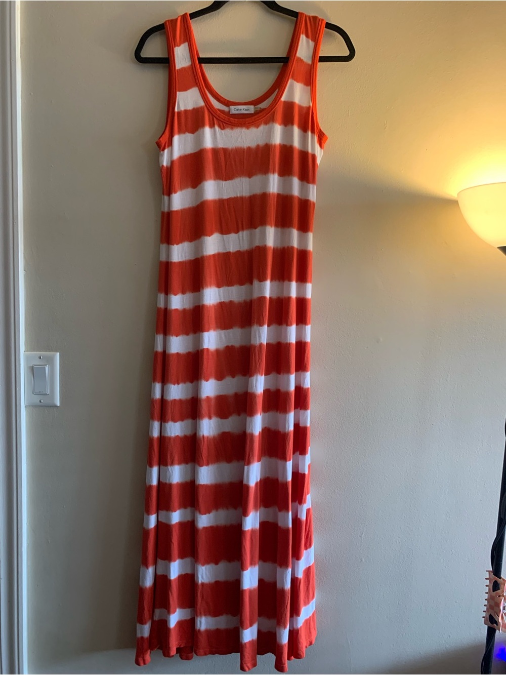 🍊CK Calvin Klein Maxi Dress Sundress Orange & White Striped Tie Dye Style - Picture 2 of 8